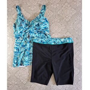 Aqua Eve Blue Paisley Tankini Top and Black Swim Shorts Set Womens 14W